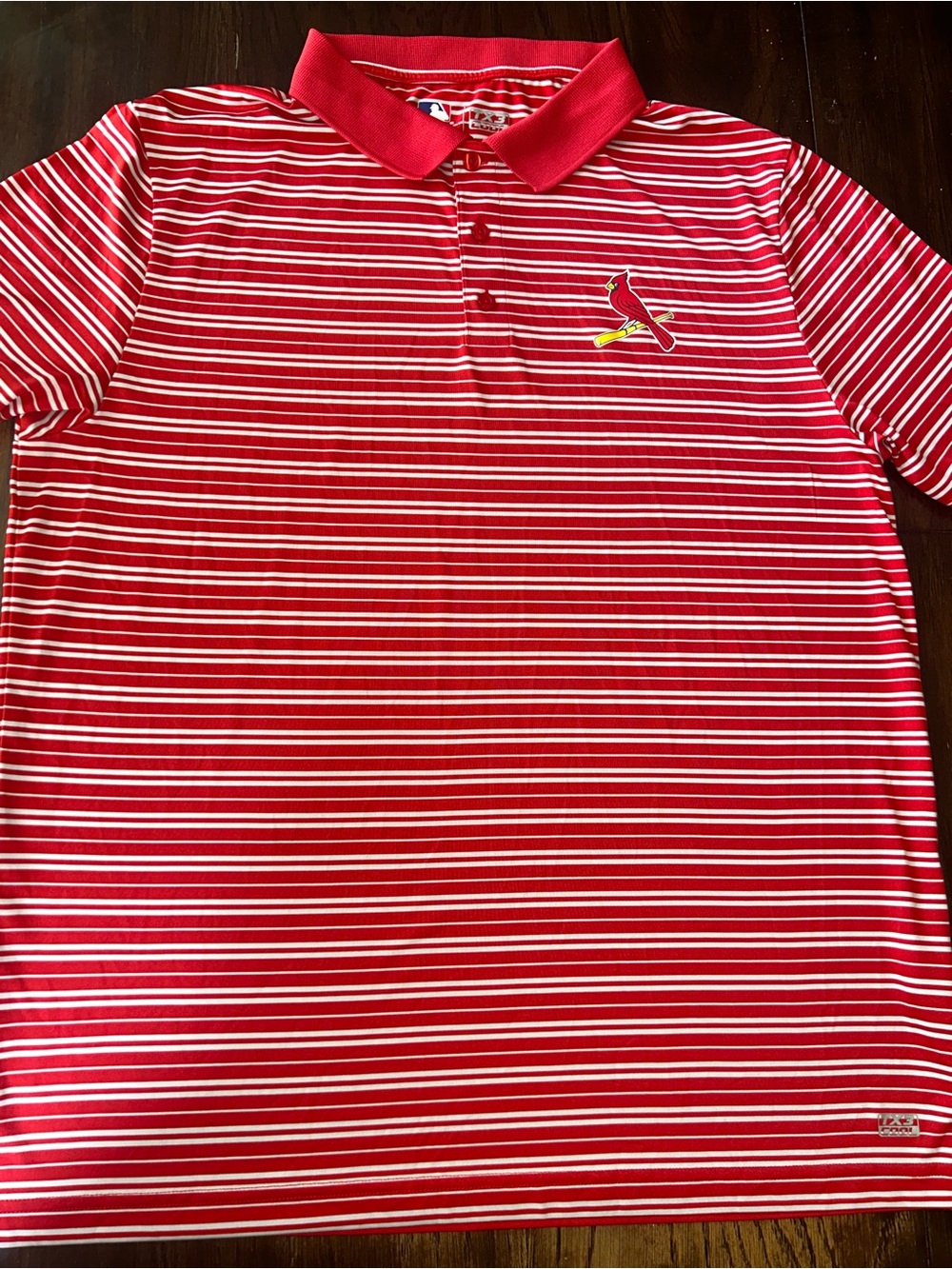 MLB Red and White Striped Polo Shirt with Cardinals Logo